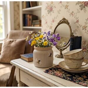 Honeybee Ribbed Stoneware Mini Planter Vase Cottagecore Decor